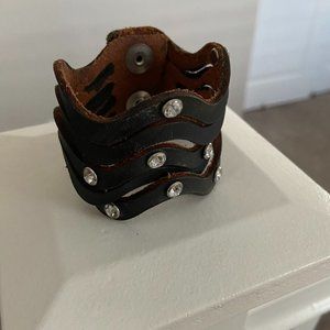 Brown Leather Button Cuff with Rhinestones